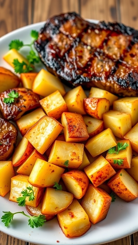 Crispy Air Fryer Potatoes for Steak Crispy air fryer potatoes served with steak, garnished with parsley on a rustic table.